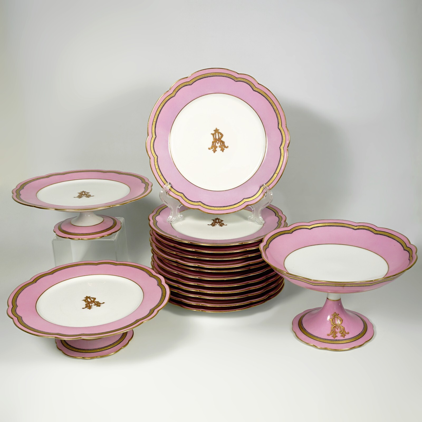 Antique French Old Paris Porcelain Pompadour Pink Dessert Service Plates Set