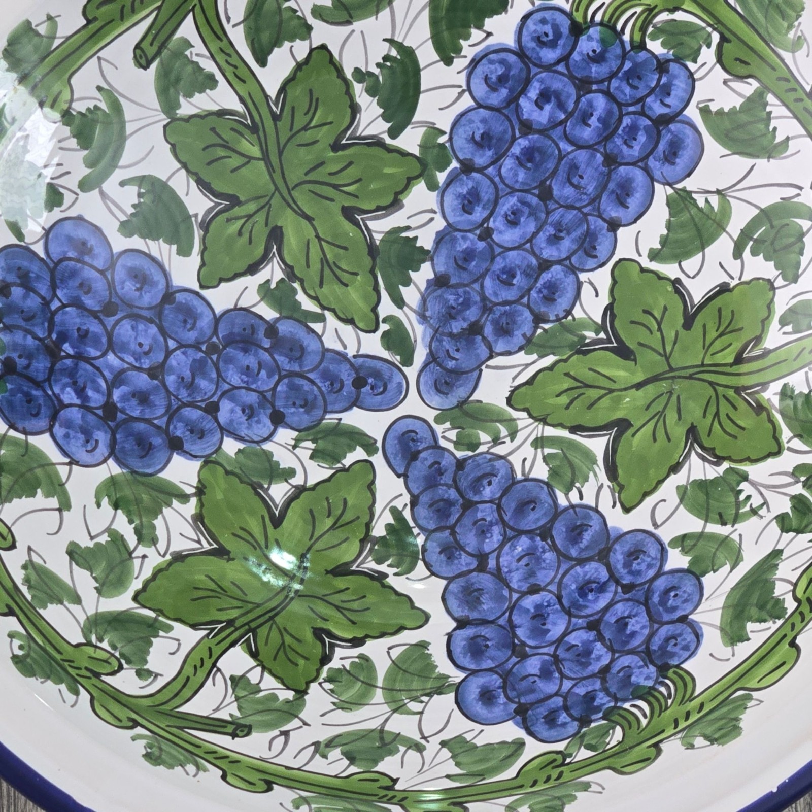 Vintage Le Souk Ceramique Tunisian Hand-Painted Pottery Bowl Blue Grapes Leaves