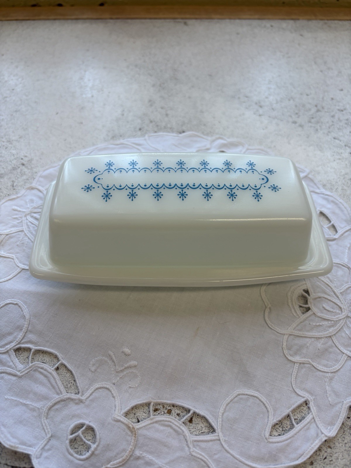 Vintage Pyrex Butter Dish Milk glass With Blue Snowflake Garland