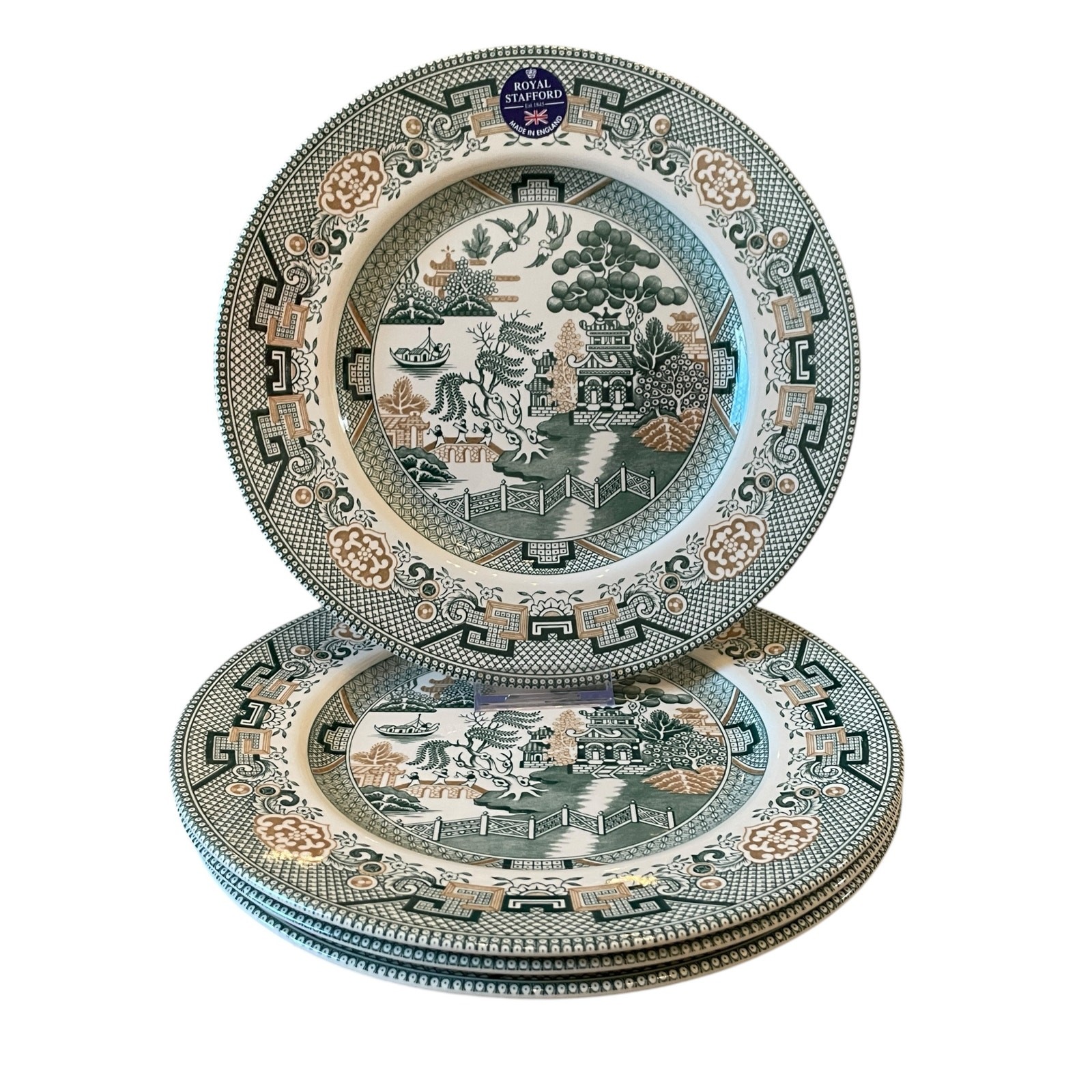 Royal Stafford Dinner Plates 11in Green & Gold Willow Pagoda Set of 4 New