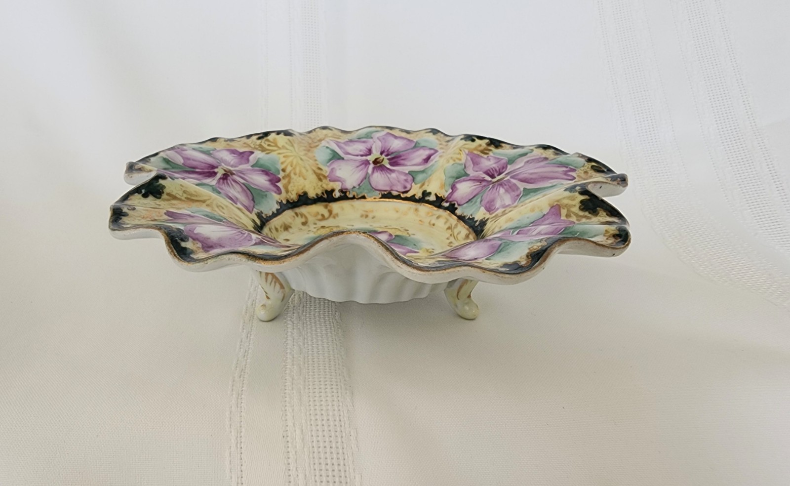 Antique Porcelain Hand Painted Purple & Gilded Floral Ftd Scalloped Bowl 8×2.25