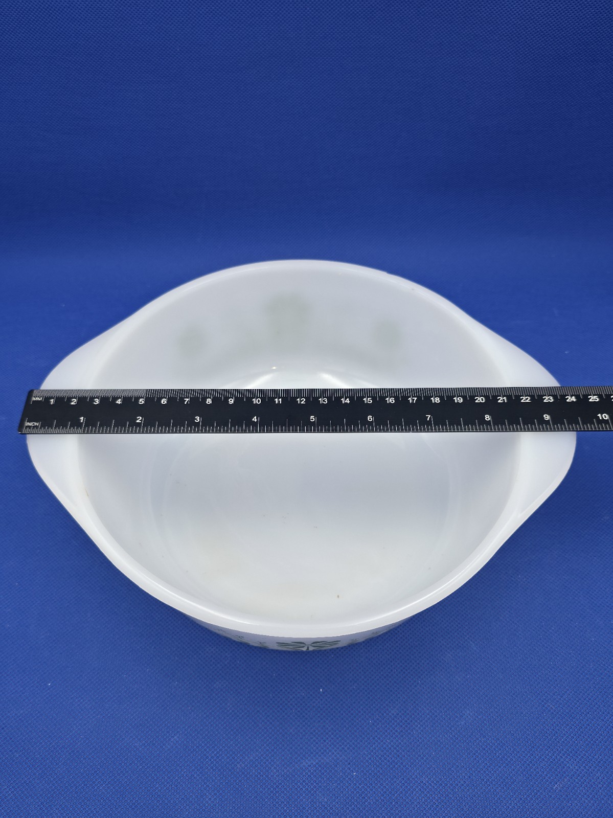 Glasbake Vintage MCM Milk Glass Oven Safe Casserole Dish Green Crazy Daisy