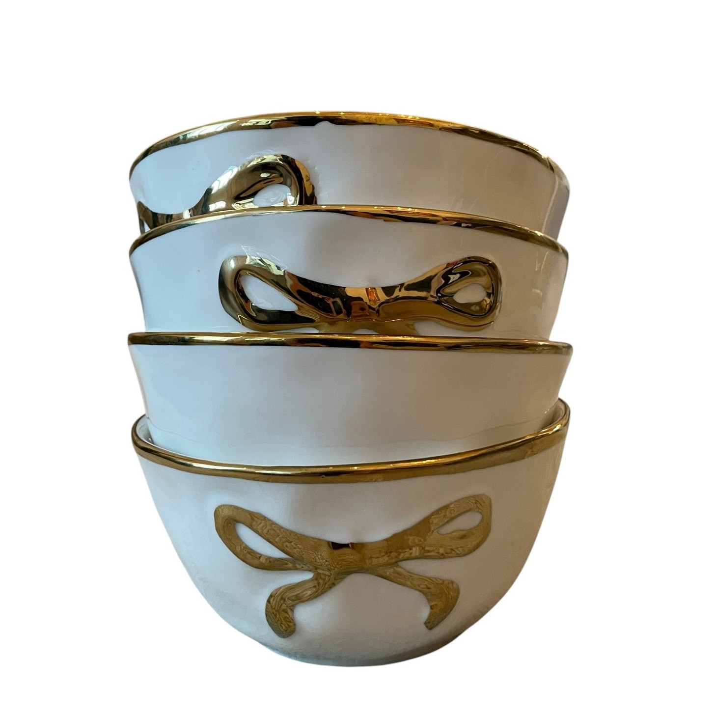 Hand Painted Coquette GOLD BOW Salad Bowls 6.25in White Ceramic Set of 4 NEW