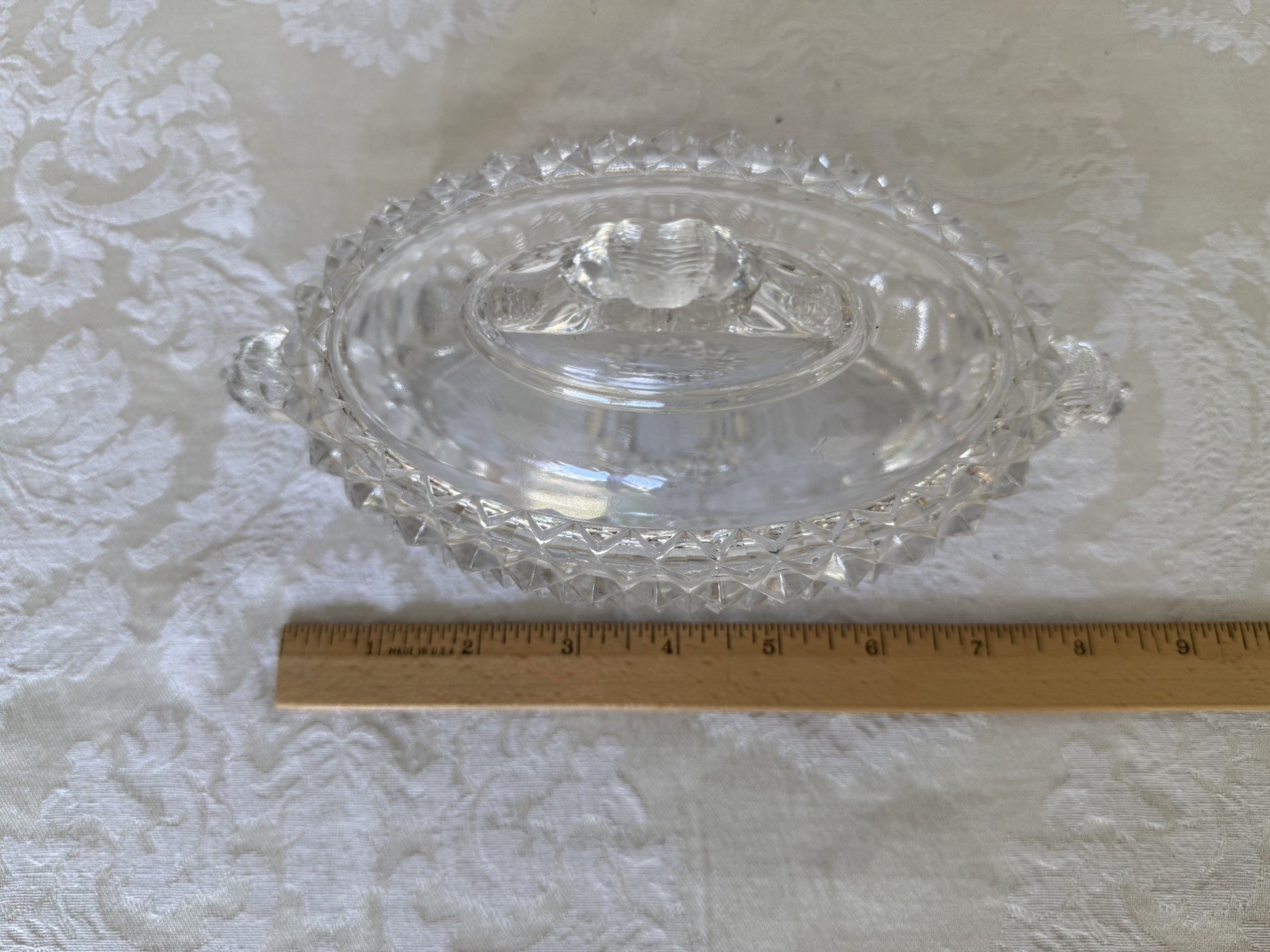 EAPG small serving dish w/lid. Lion handles. Bryce Bros. AMAZON pattern. c. 1890