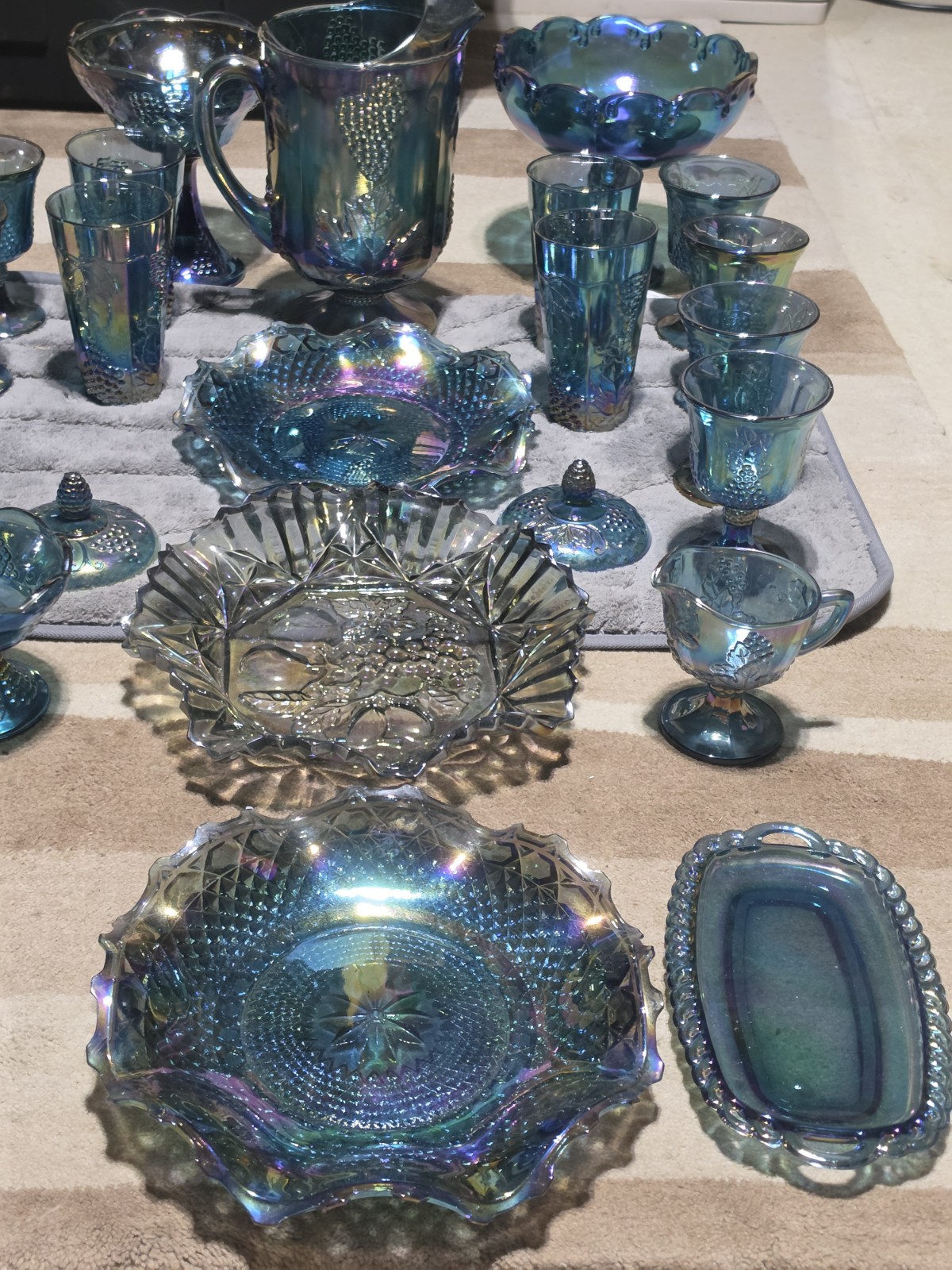 9 Pcs Indiana Carnival Glass Iridescent Blue 1 Pitcher,  & 8 Goblets