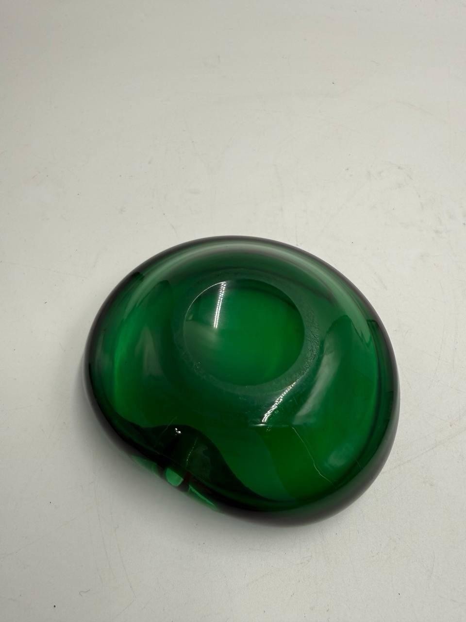 Vintage Green Art Glass Bowl Heavy Thick Glass Asymmetrical Notch MCM