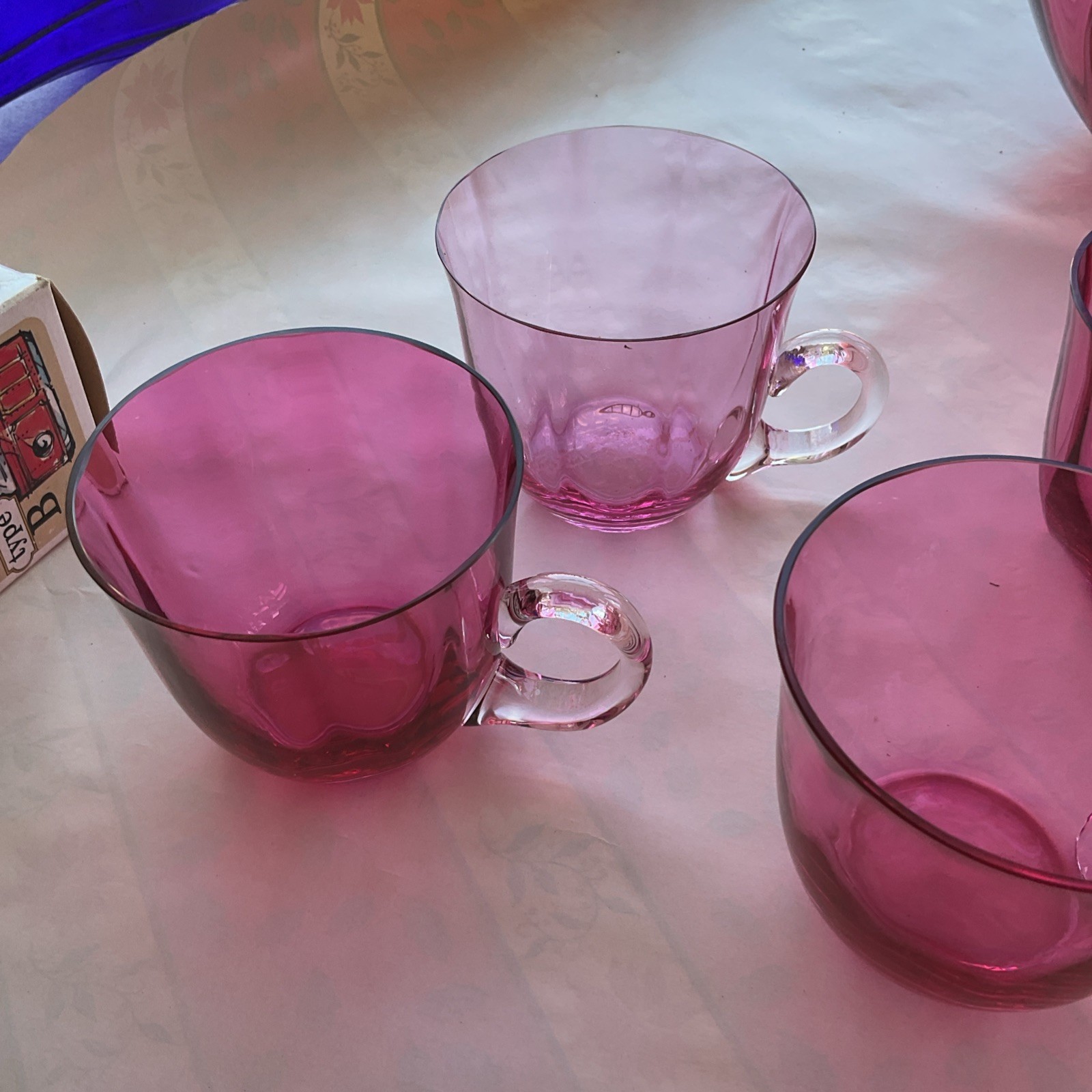 Antique Cranberry Pink Glass Punch Bowl Set w/ 10 Handled Cups Pilgrim Optic
