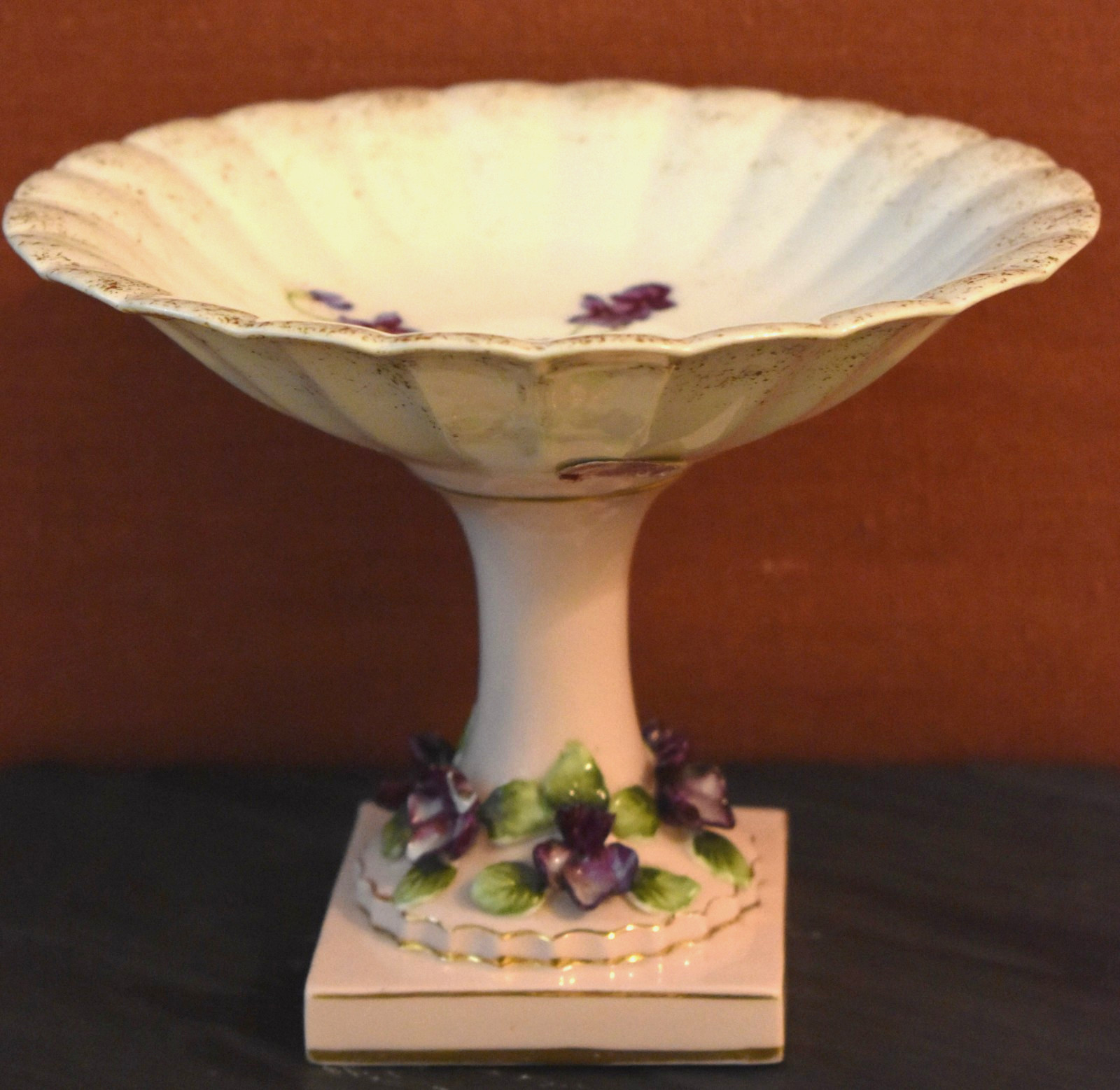 Vintage Handpainted Lefton China Pedestal Compote Bowl Violet Flower Accents