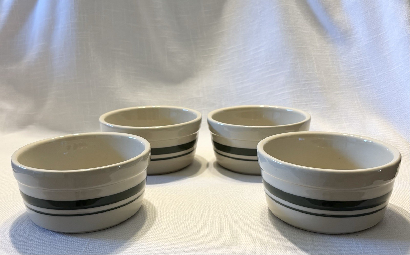 ROSEVILLE Friendship Pottery Green Stripe Flat Bottom 5” Cereal Bowls~ Set of 4!