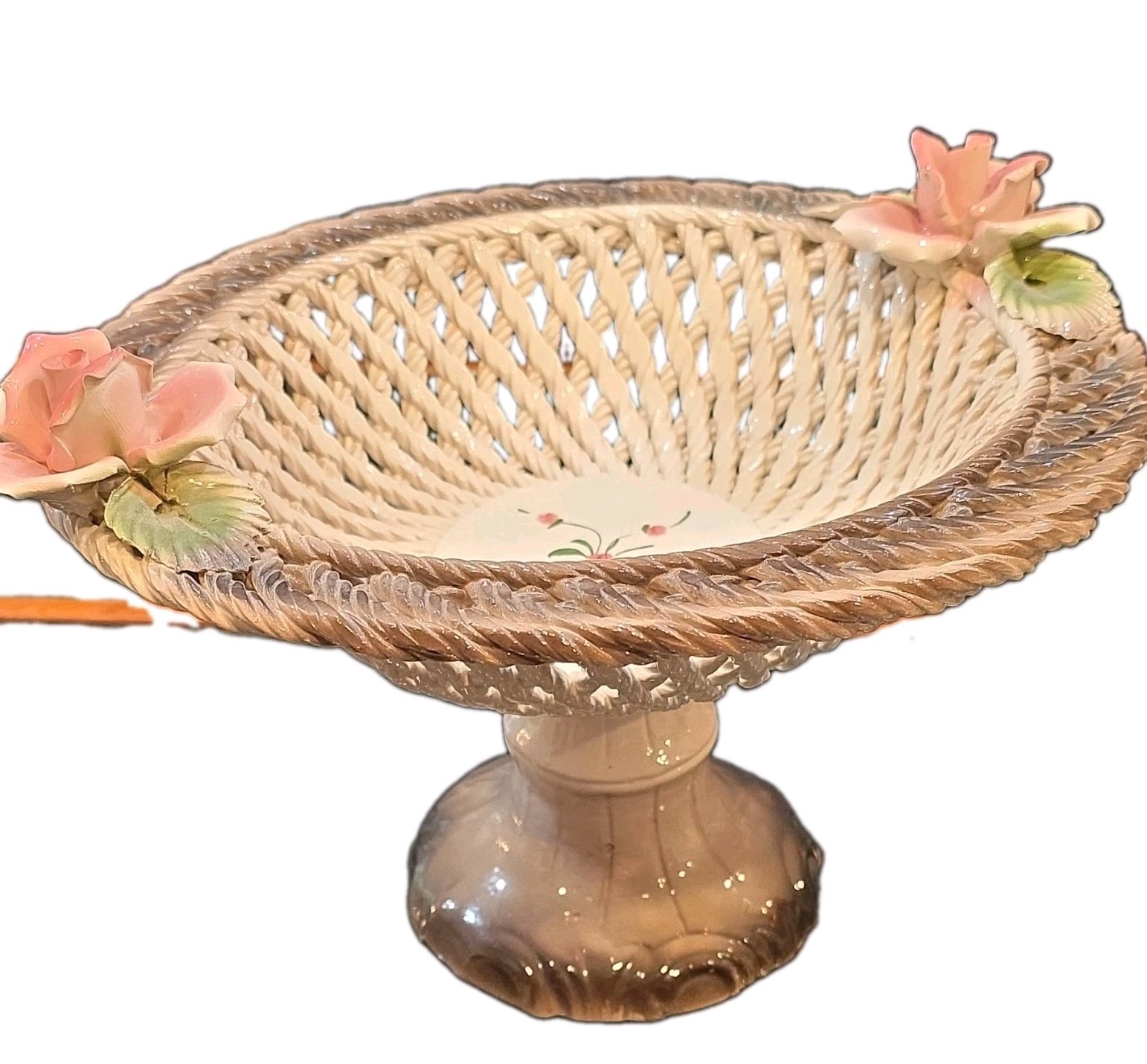 Italian capodimonte Pedestal reticulated basket Bowl with floral details.
