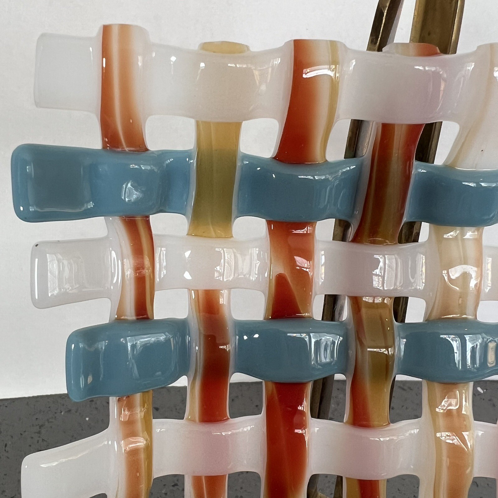 Weaved Fused Glass Plate Blue Rust Gold White 7.5″ by 6.5″ W361