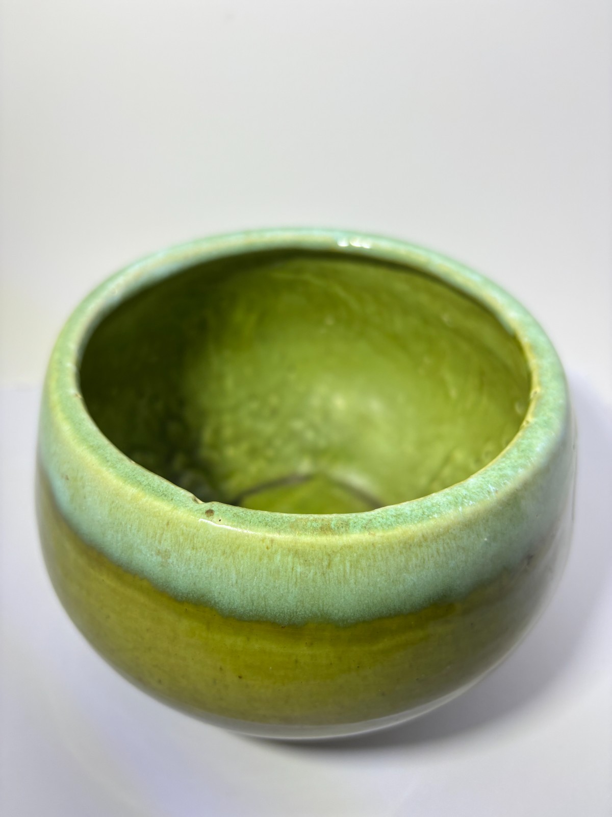 Vintage MCM California Pottery Bowl Green Drip Glaze Calif USA Stamped J-2