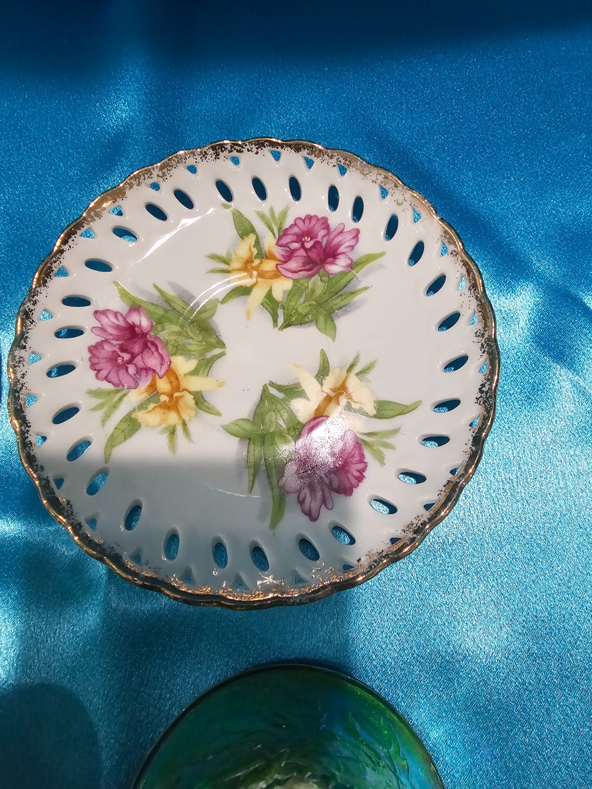 Set of 2 Green Glass Teacups & Bone China Saucers Miss Matched