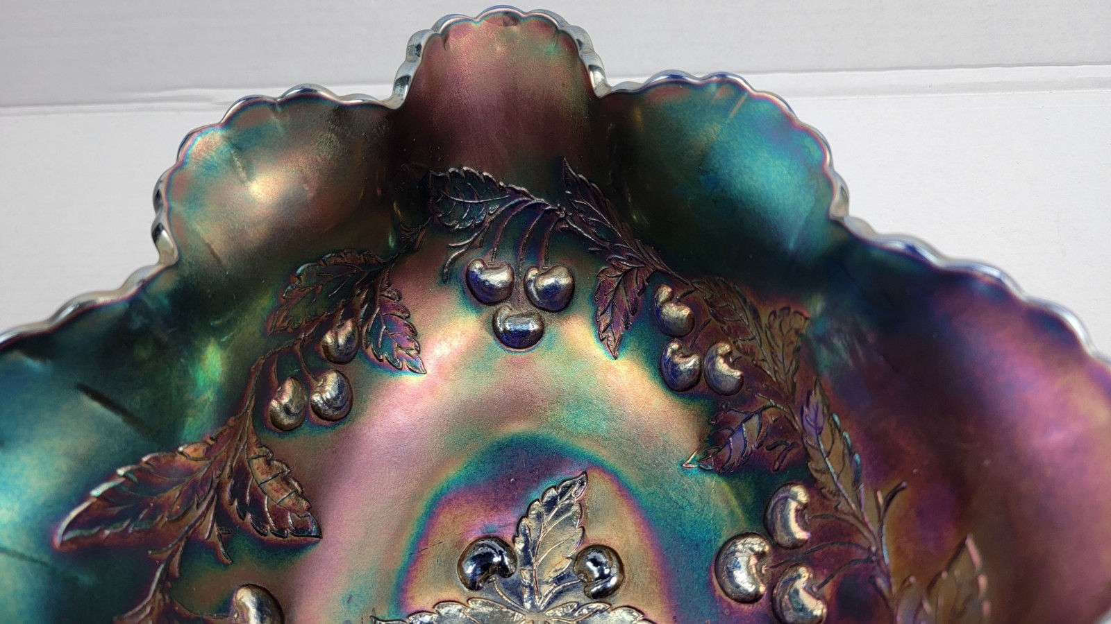 Carnival Glass Dugan WREATHED CHERRY Amethyst Oval Bowl Purple Ruffled Lot Of 3