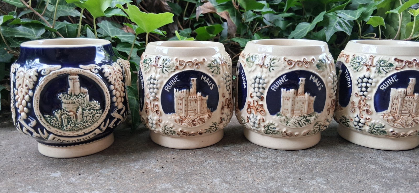 5 German Stoneware Mugs By Marzi & Remy “2835” 2 Cobalt Blue & 3 Cream Mugs