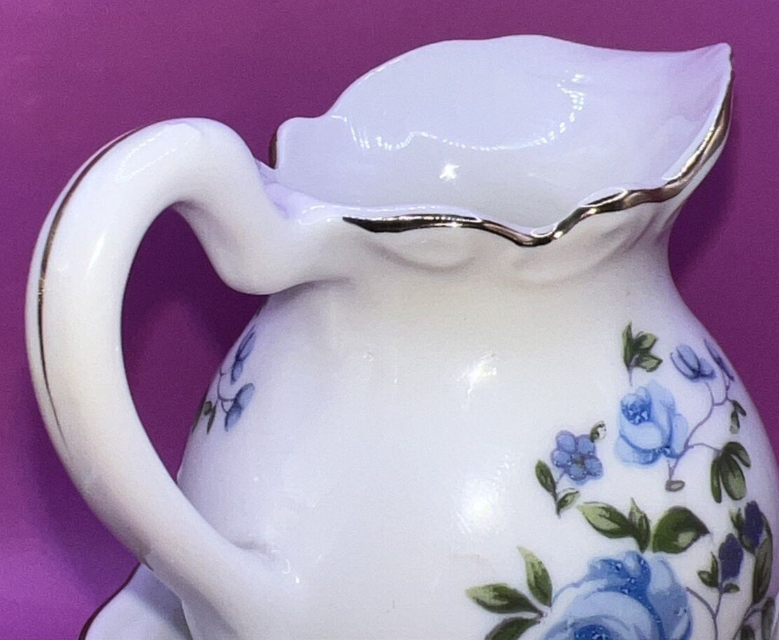 Vintage Rice Japan Ports Blue Rose Design Creamer with Drip Plate Kitchen Decor