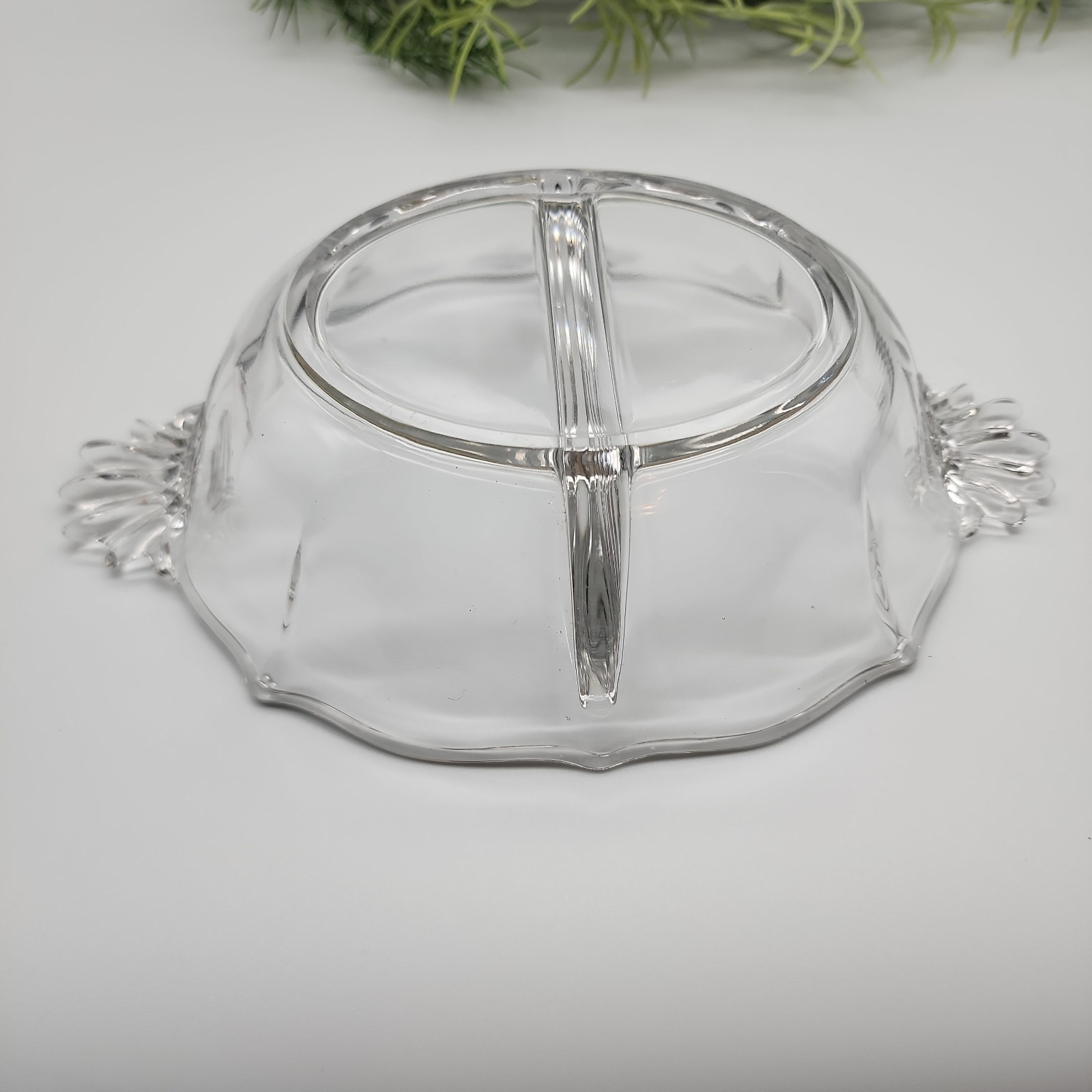 Vintage Clear Glass Divided Relish Dish Fan Handles Mid-Century Serving Bowl
