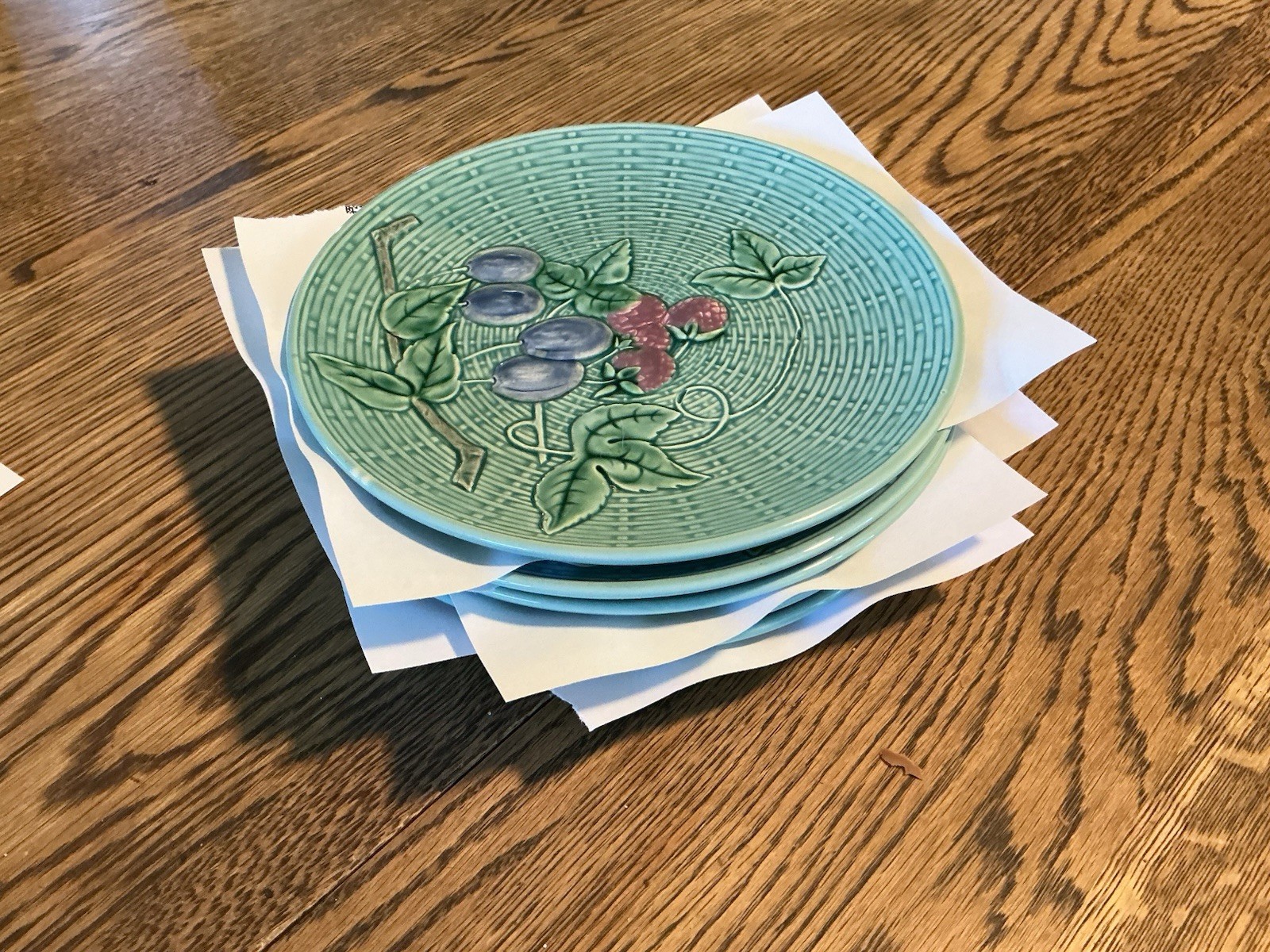 SET Of SIX Majolica Plates Teal Aqua Raspberry Plumb 2230 B Germany Weave 7.75”