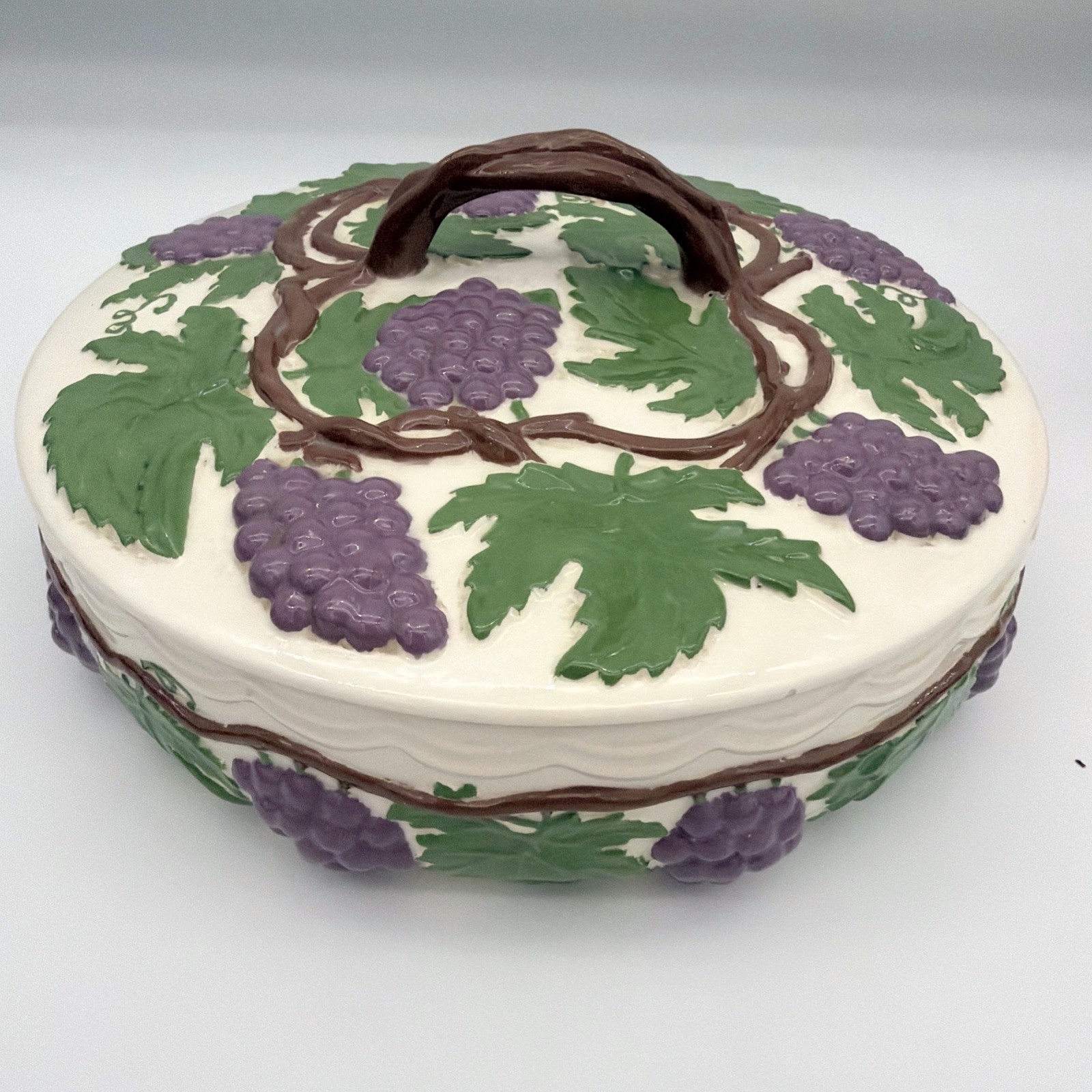 Ann Hall 1970 Vintage Ceramic Covered Dish Grape Motif Fruit Pattern