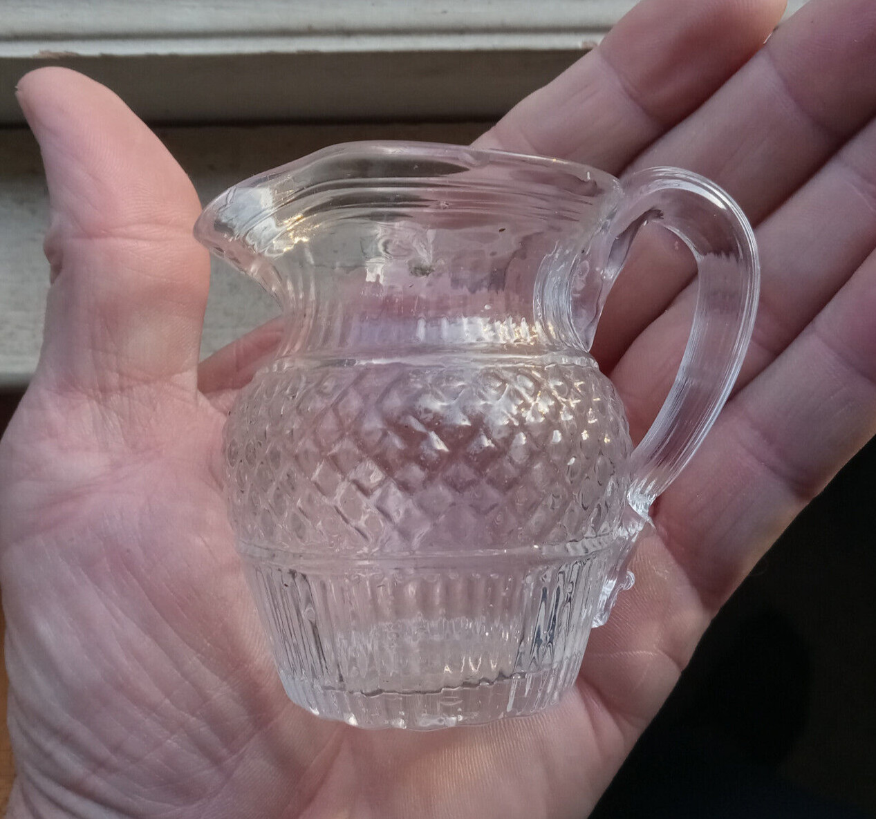 1830s EARLY 3 MOLD BLOWN TOY CREAMER DIAMOND HOBNAIL BOSTON & SANDWICH GLASS CO