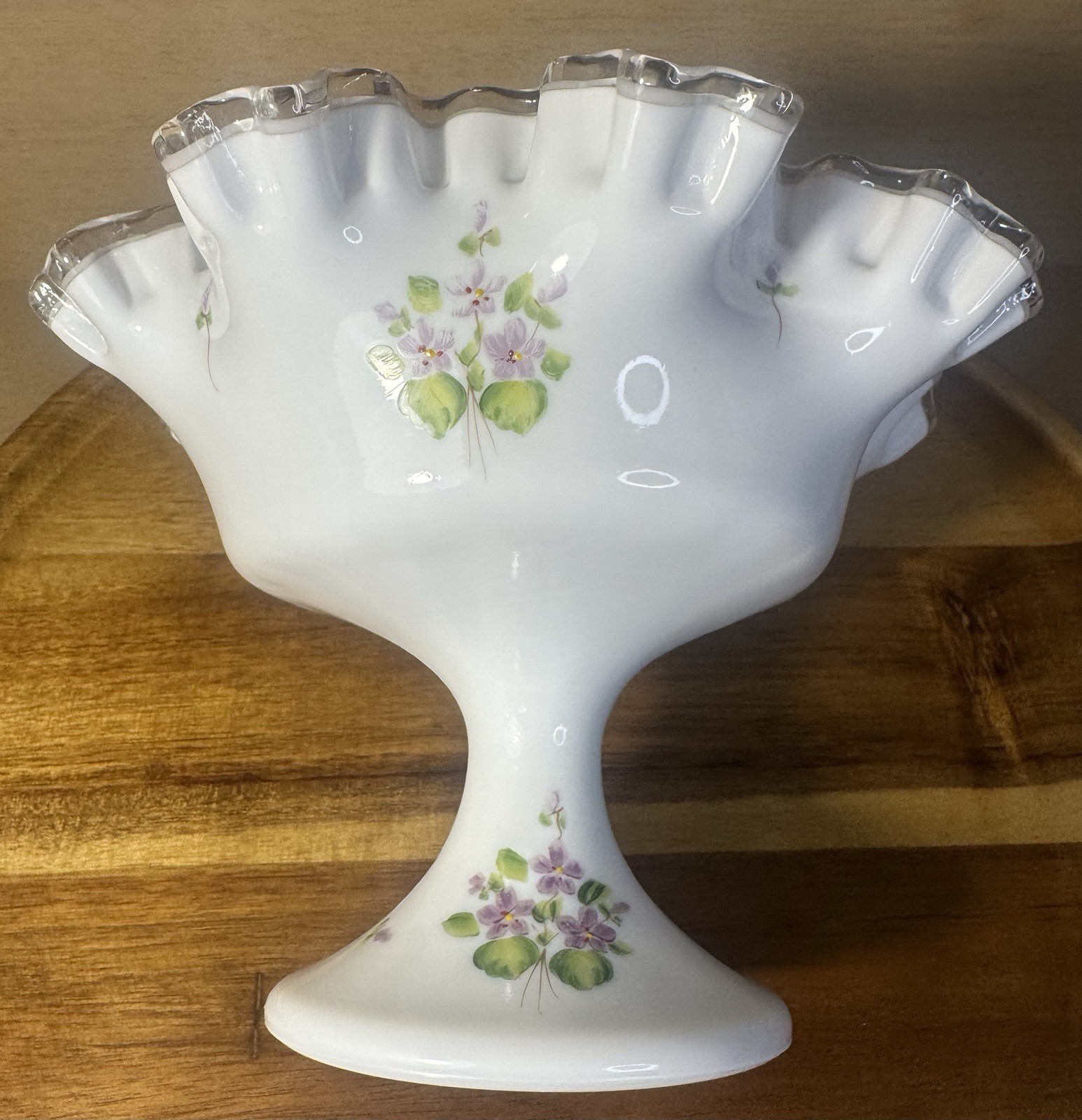 Fenton Violets Snow Milk Glass Ruffled Crest Pedestal Compote Candy Dish 8″ x 6″