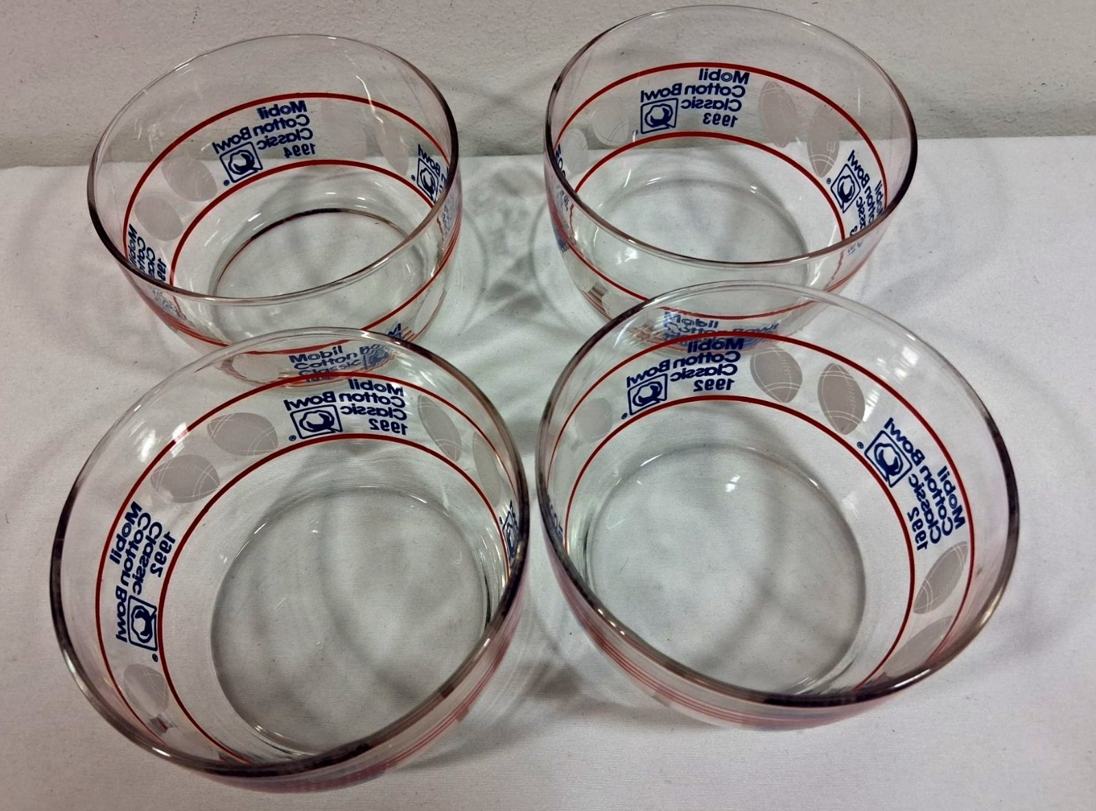 Set Of 4 Mobil Cotton Bowl Classic 1992 Glass Bowls Vintage Souvenir