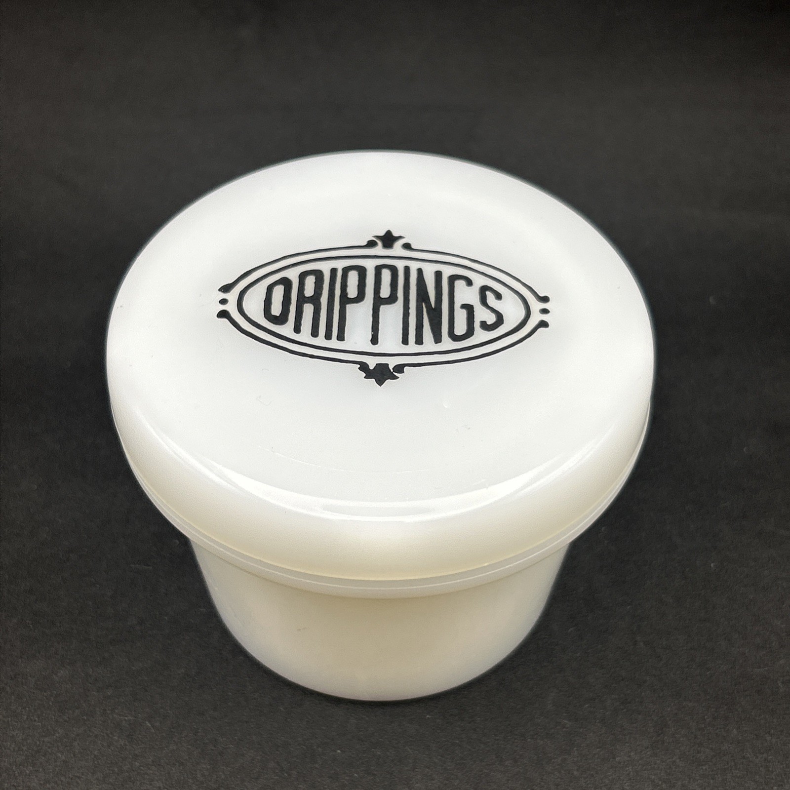 Vintage White Milk Gass Hazel-Atlas “Drippings” Covered Jar 1936 RARE