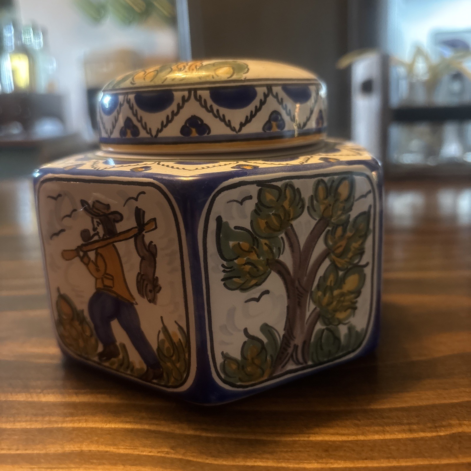 Vintage COIMBRA Style Portugal Pottery Hexagon Ginger Jar w/ Lid