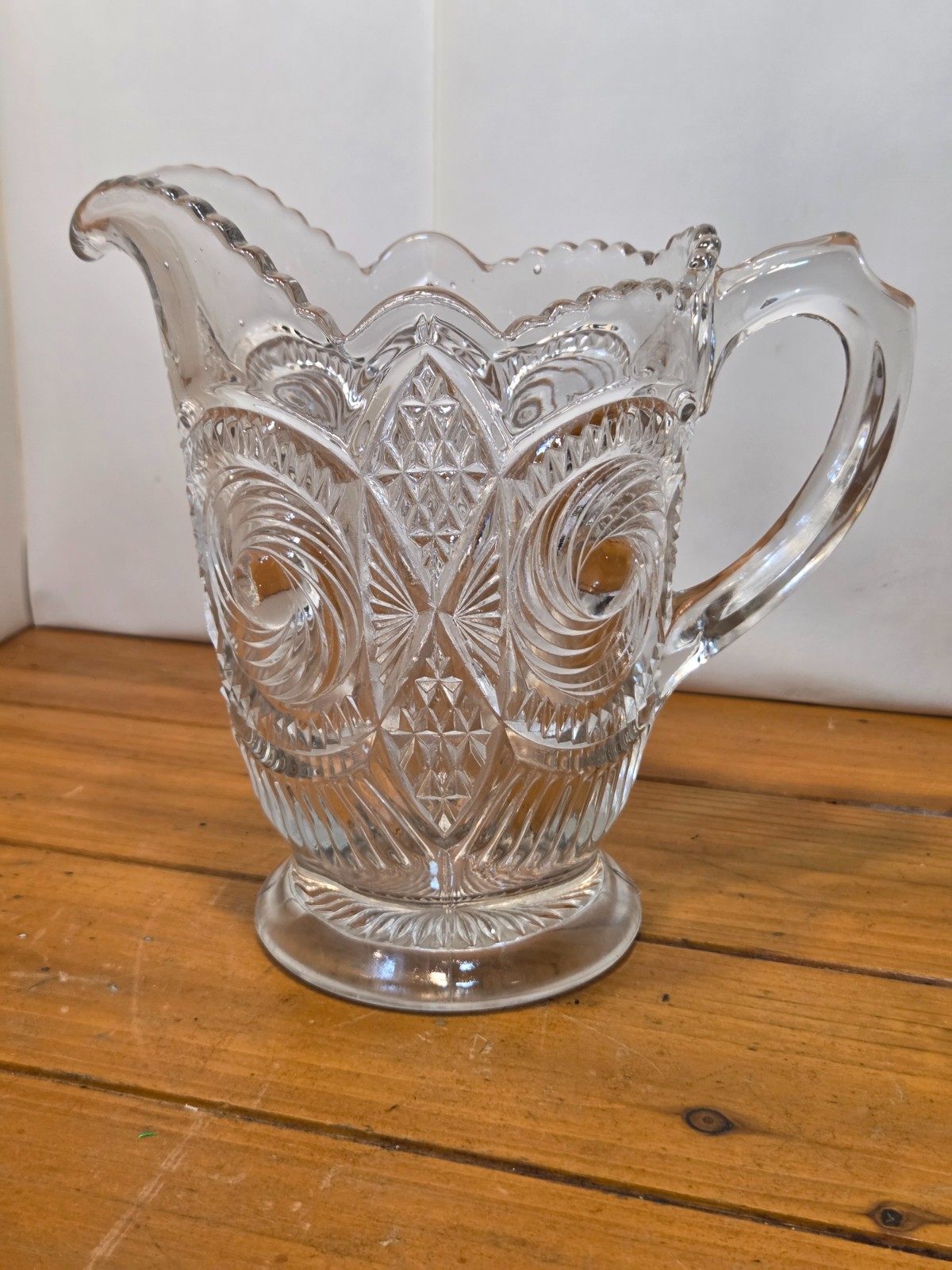 Antique EAPG US Glass Co Water Pitcher Diamond Swirl Zippered Bullseye