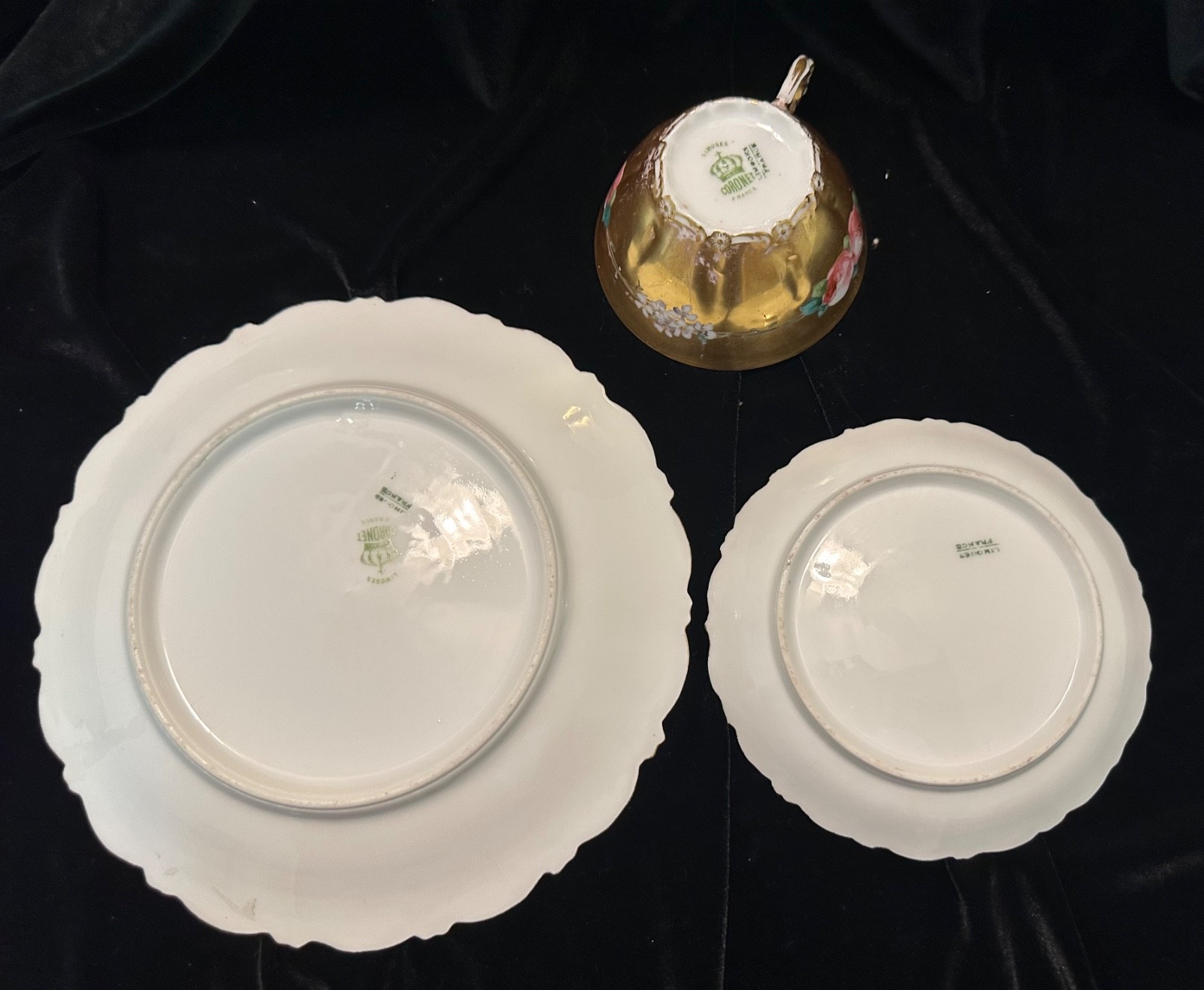 Antique Limoges Coronet Heavy Gold Cabbage Roses Trio Cup Saucer Plate handpaint