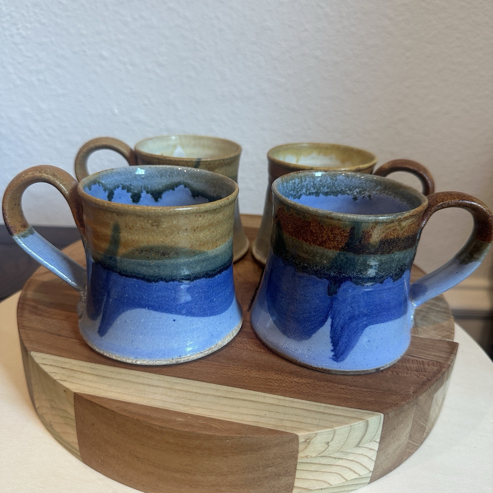 Studio Art Pottery Mugs Set 4 Signed KH Blue Beige Brown Hand Thrown Drip Glaze