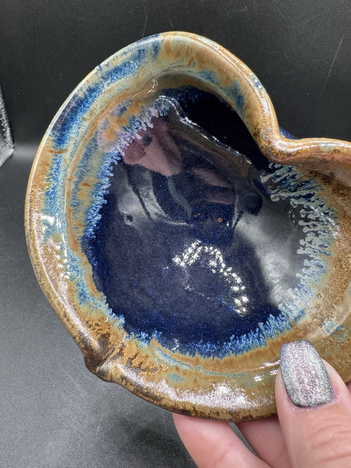 Pigeon River Pottery Heart Shaped Bowl Blue Beige Drip Glaze Signed Ceramic 5.5”
