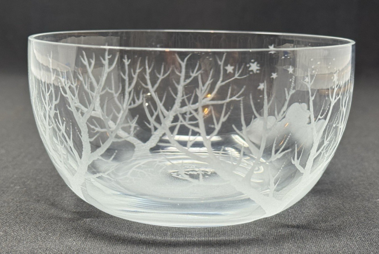 Signed Ray Lapsy Etched Crystal Bowl Winter Solitude Trees Stars 1988