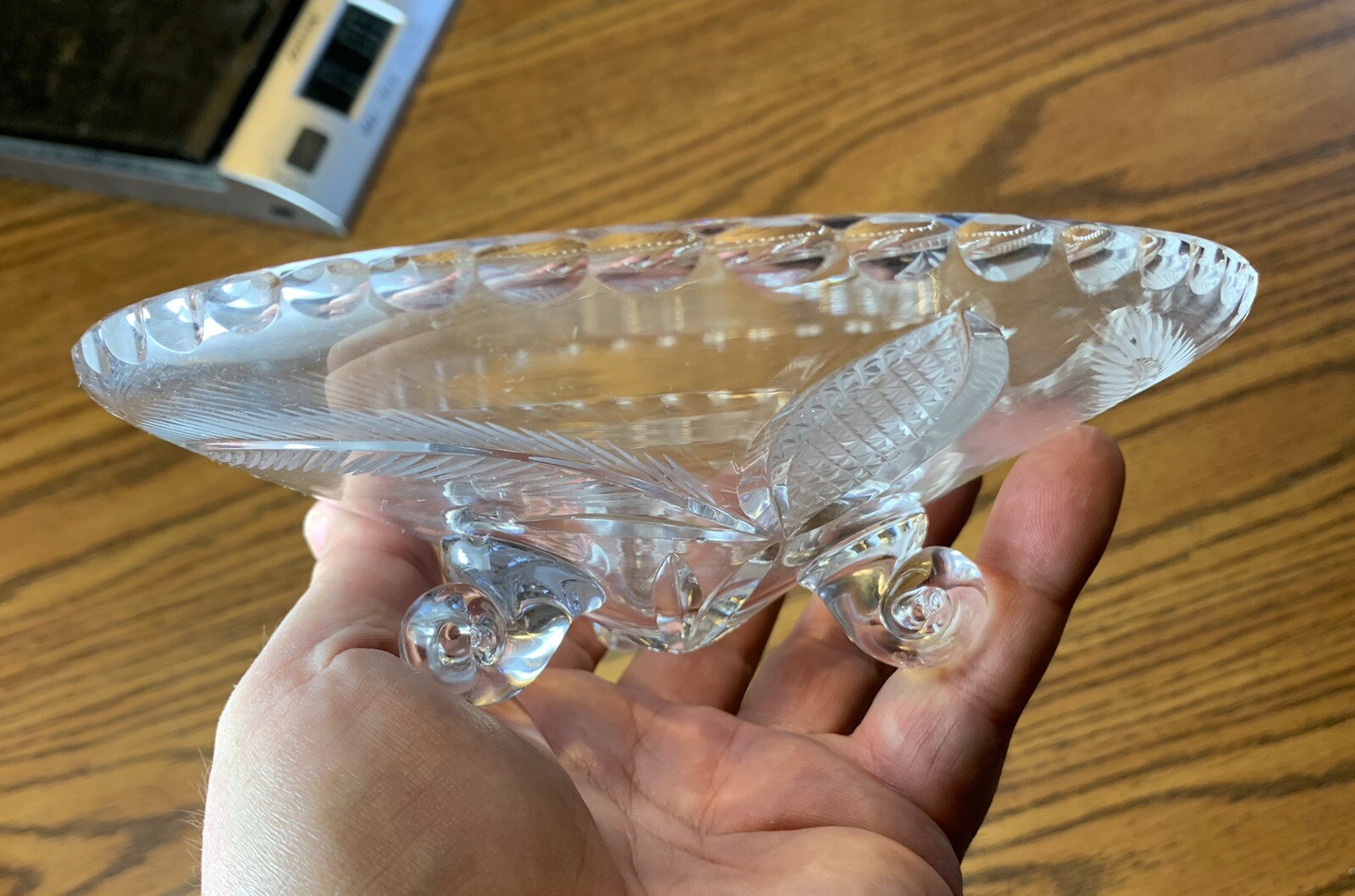 Stunning Cut Glass Crystal Footed Dish Bowl Wheat-Leaf Pattern 7”w Elegant