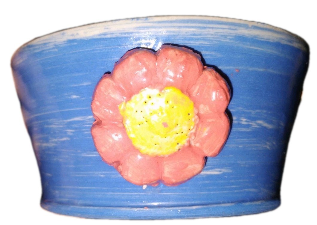 Blue Hand Made Pottery Bowl with Pink,Yellow Flowers & Bee motif 5inch