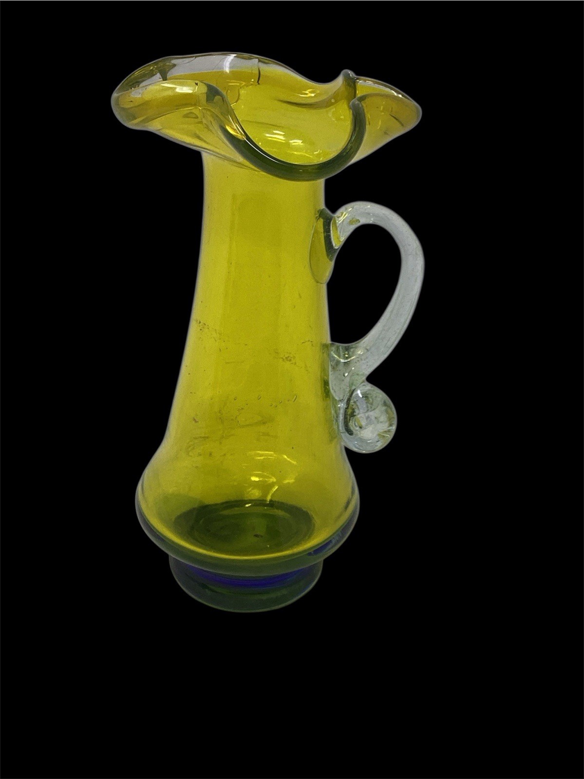 Vtg MCM Yellow Glass Small Pitcher Clear Handle Cobalt Blue Base 6”