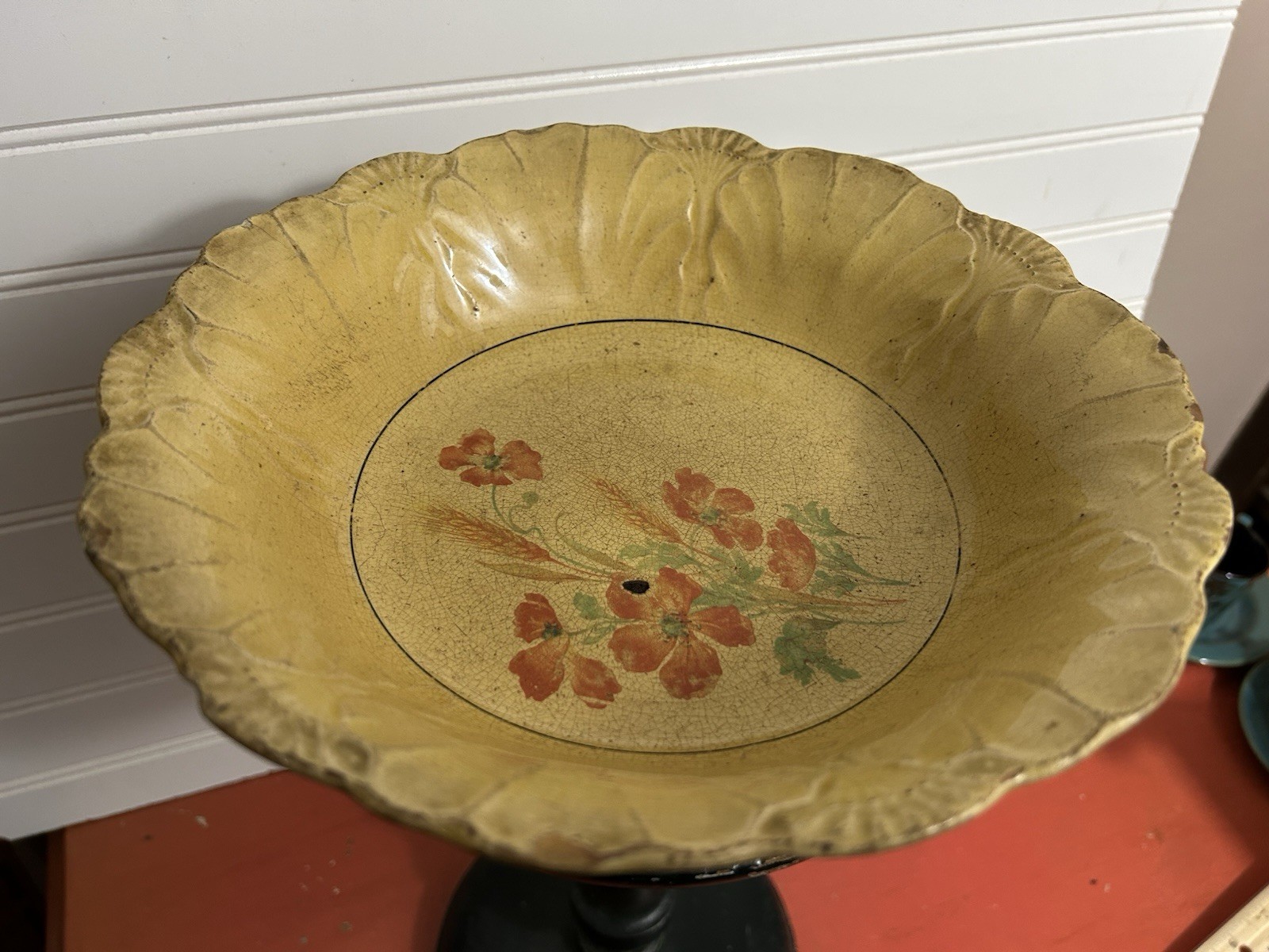 Antique Vintage Serving BOWL Heavily Stained & Crazed Toasty Floral Queen Wheat