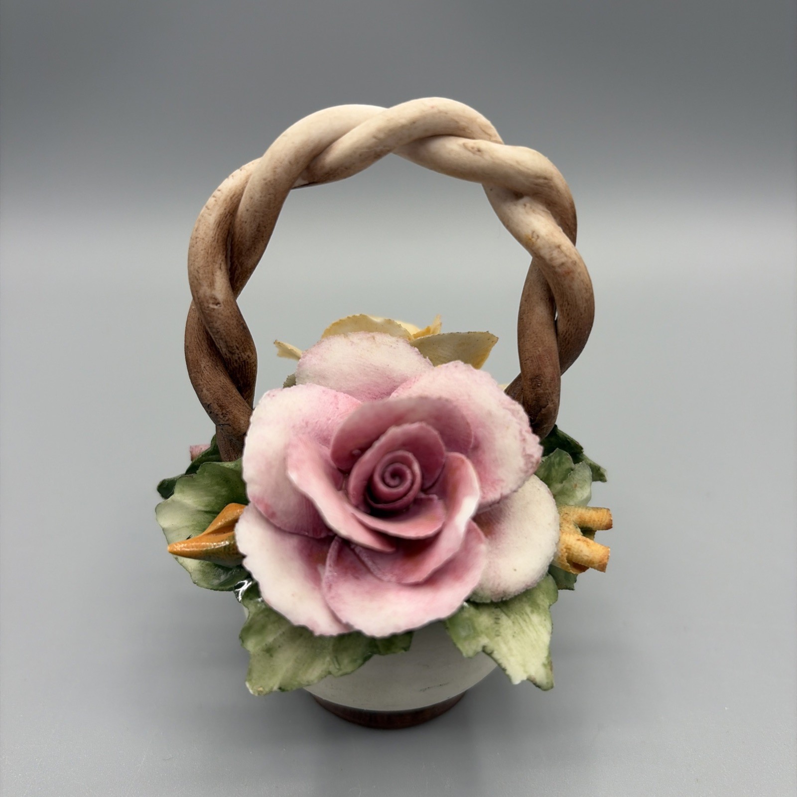 Vintage Capodimonte Porcelain Flowers Basket Centerpiece 4″ Tall, Made in Italy