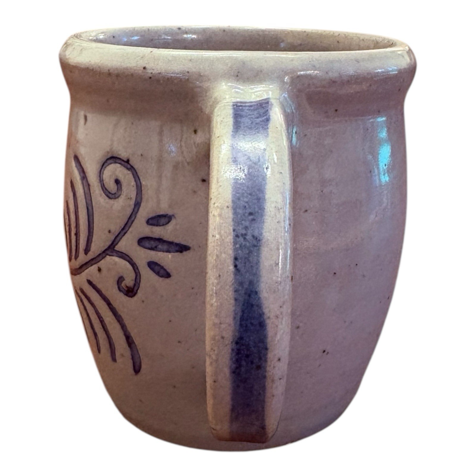 Signed Studio Art Pottery Salt Glazed Mug With Applied Handle *See Ding picture