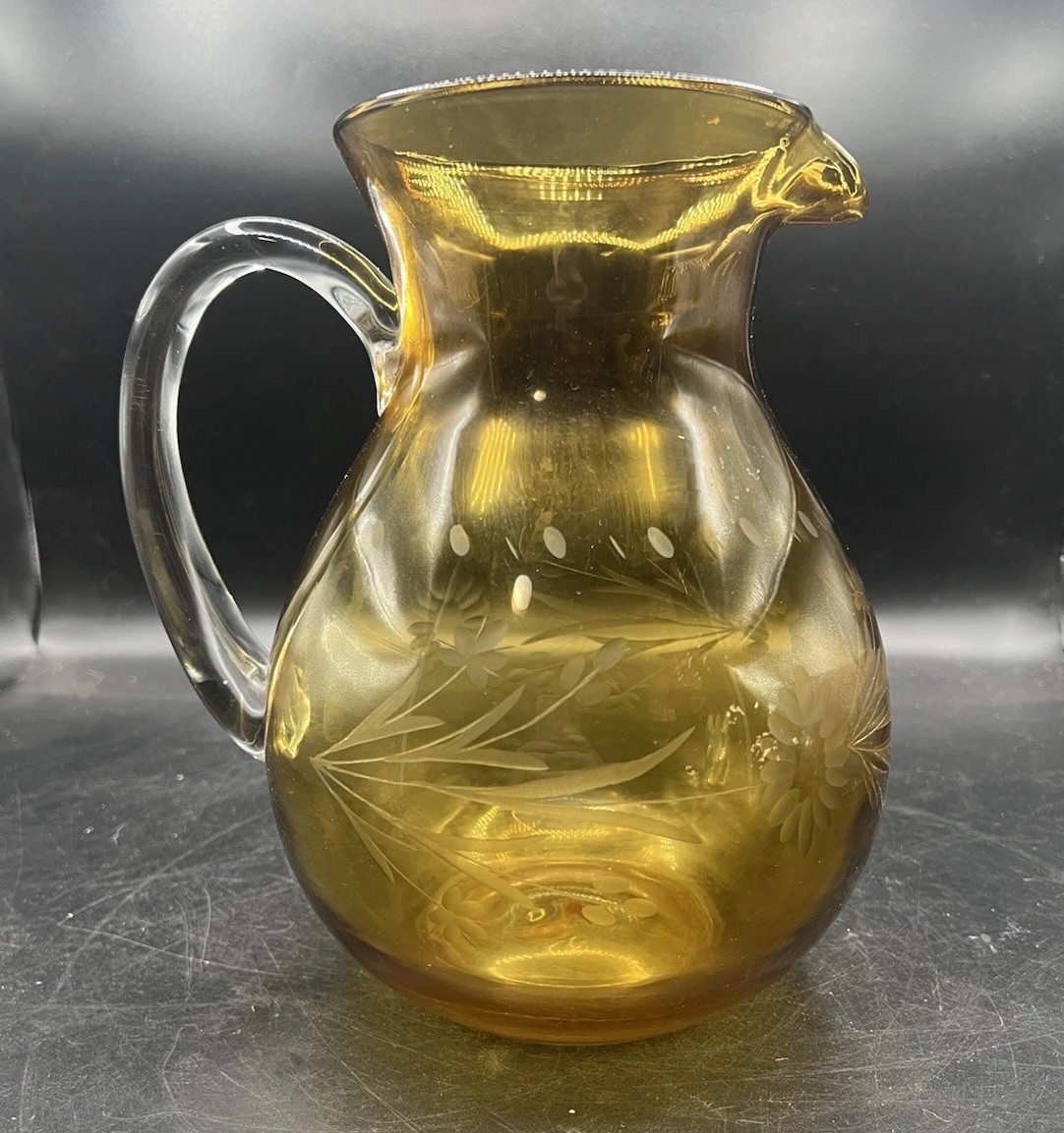 Pitcher Hand Blown Etched Glass Amber Applied Handle MCM 9.5” Vintage