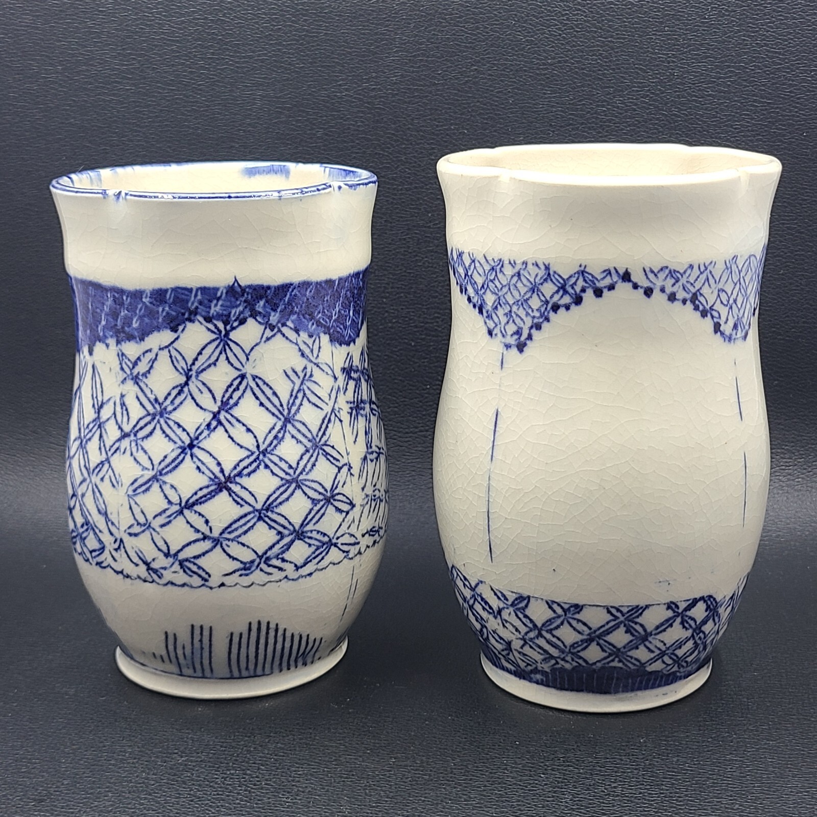 Studio Art Pottery Scalloped Asian Style Blue and White Crackled Glaze Signed