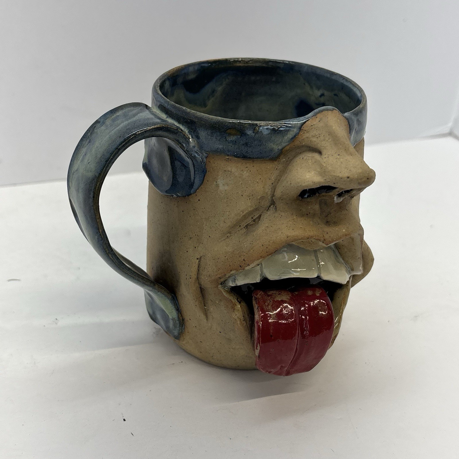 Folk Art Pottery UGLY Face Mug Big Mouth Tongue Ceramic Signed Funny Gag Gift