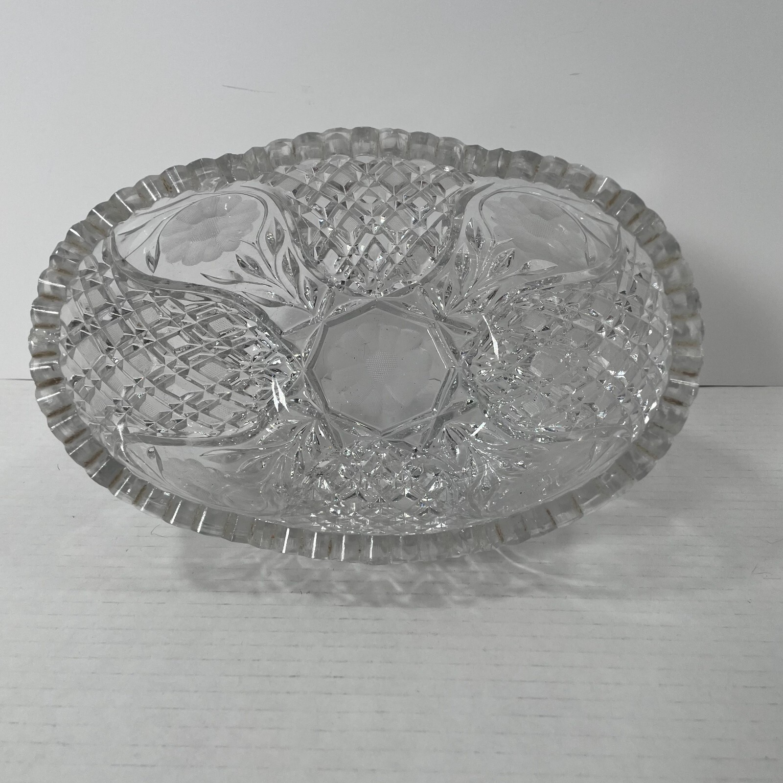 Brilliant Cut Glass Oval Bowl -Floral – 8 in. x 5.75 in. x 4.75 in. Sawtooth Rim