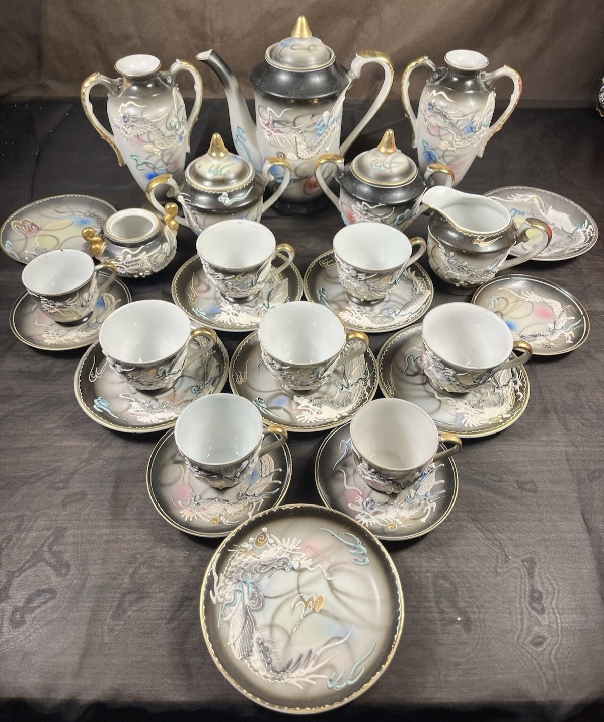 Large Vintage Dragonware Moriage Tea Set Hand Painted Fine China From Japan