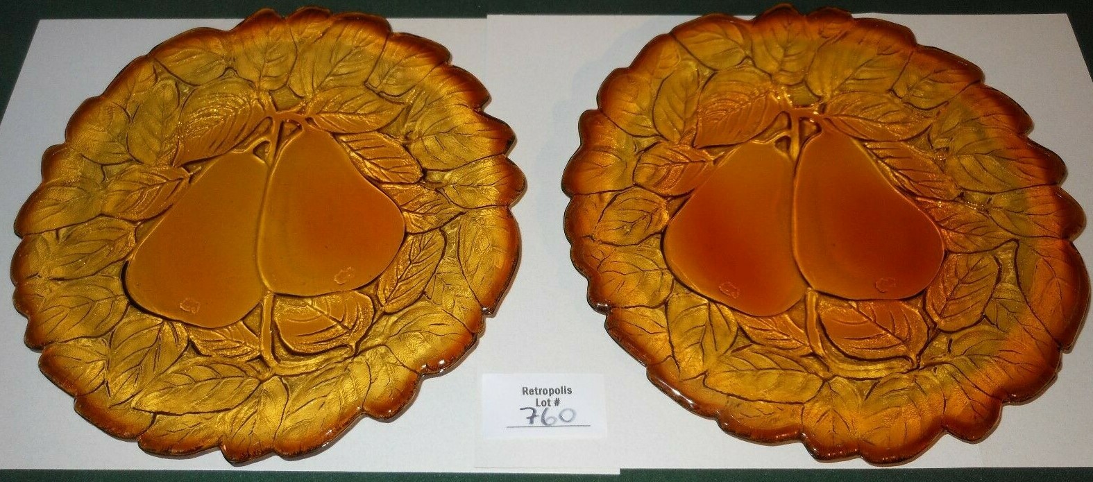 2 Tiara Indiana Glass 8″ Plates Burnt Honey SWEET PEAR Avocado
