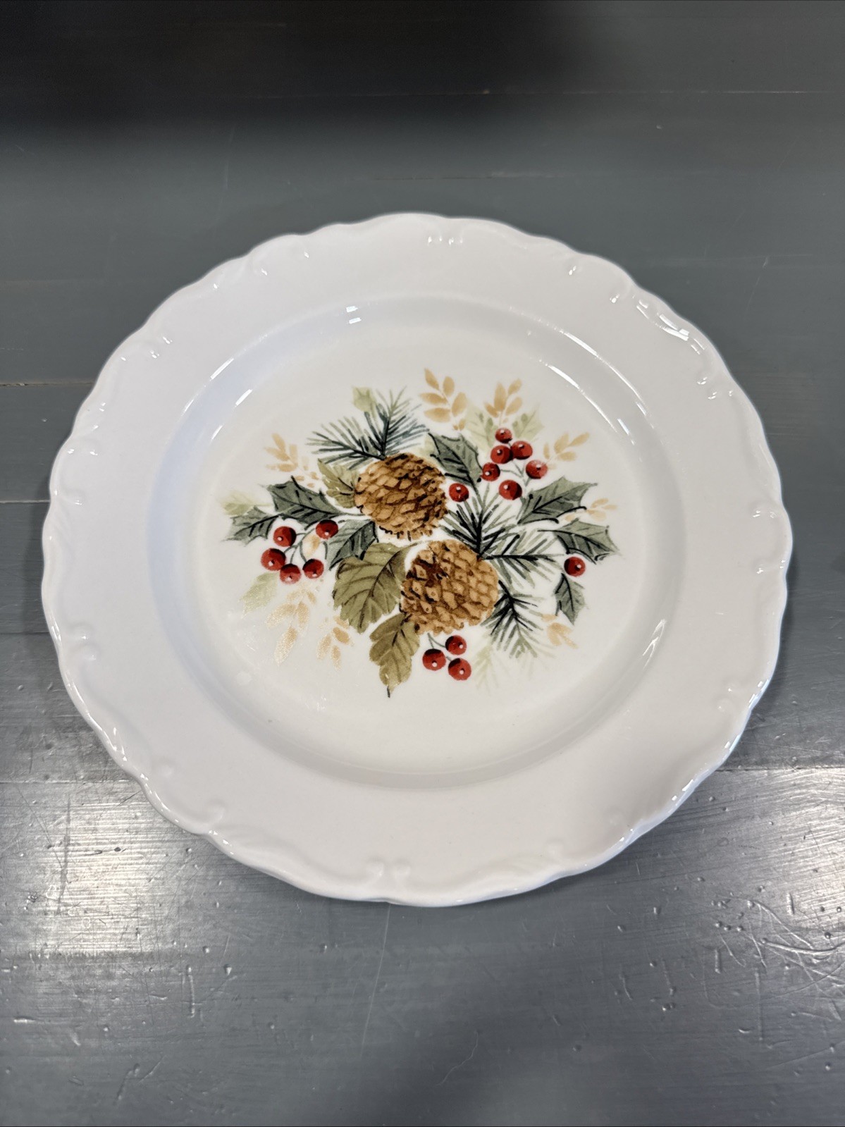 Gibson Designs White Embossed Rim Pine Cones Berries & Holly Salad Plate