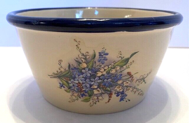 Vintage Blue Rim/Beige Blue Floral 6 Inch-(D) 3″ (H) Country Bowl/Crock/Planter