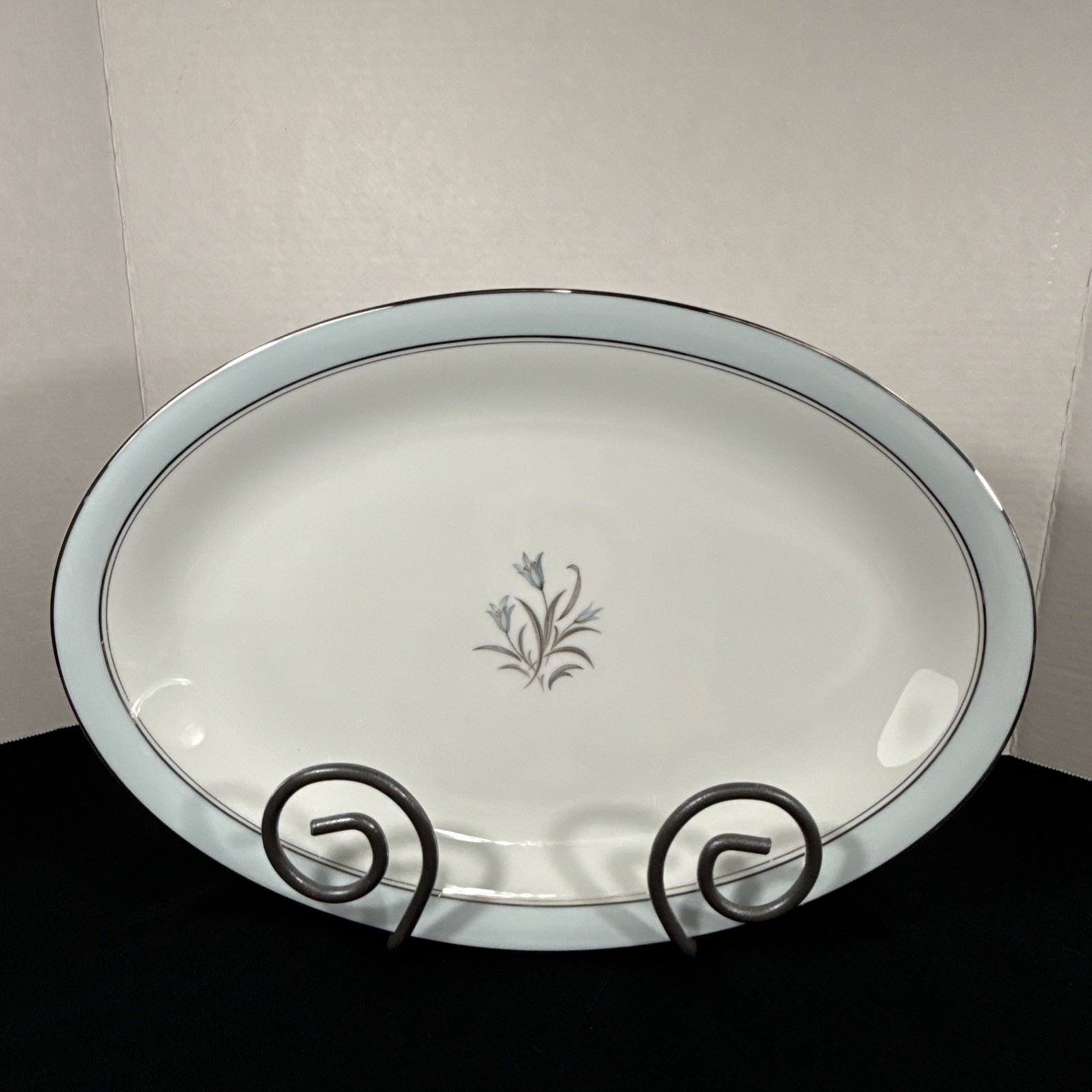 NORITAKE BLUEBELL 5558 JAPAN Blue Flower Platinum Trim 16” OVAL SERVING PLATTER.