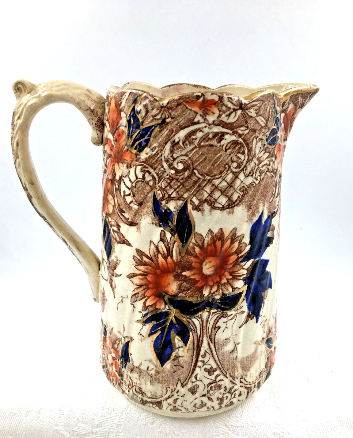 Vintage/Antique Pitcher Rust & Orange Flowers Cobalt Blue Leaves Gold Unbranded