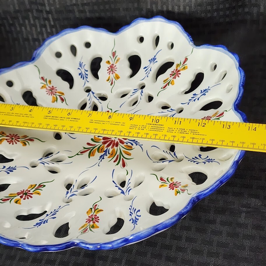 VTG RCCL Fruit Bowl Reticulated Hand Painted Portugal Signed Pottery Floral 14″